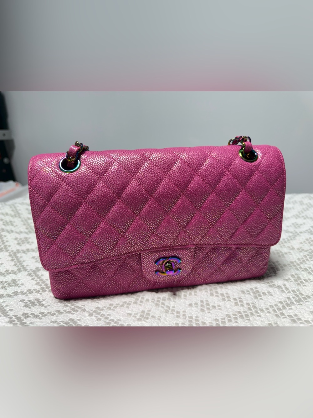 Chanel Quilted Shoulder Bag in Fuchsia Caviar Leather